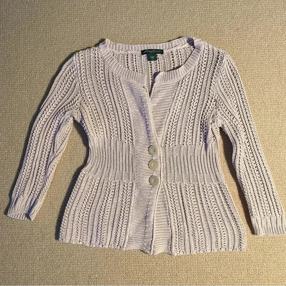 Eddie Bauer Women’s 3/4 Sleeve 3 Button Front Beige Sweater 100% Cotton W Medium - Picture 1 of 6